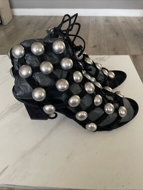 Alexander Wang Black Lace-Up Block Heel Sandals with Silver Orb Studs
